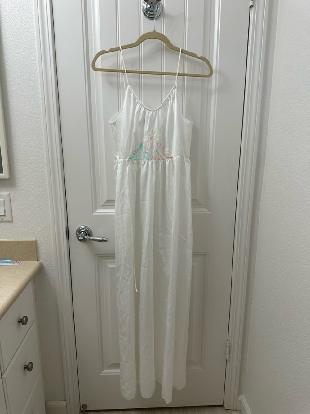 Vintage White Maxi Dress with Pastel Embroidery